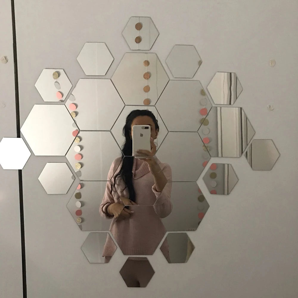 6/12Pcs Geometric Hexagon Mirror Wall Sticker DIY Home Decor Enlarge Living Room Removable Safety 5 Sizes Creative Wall Stickers