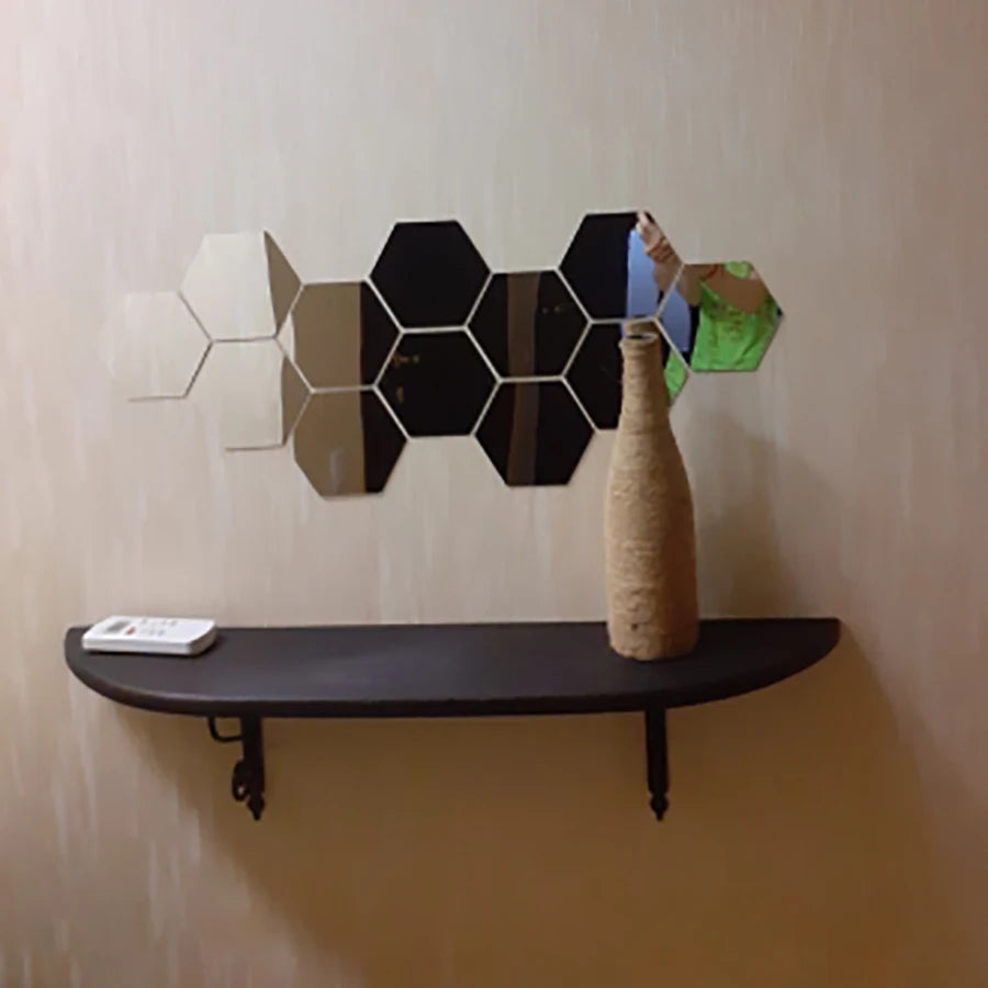 6/12Pcs Geometric Hexagon Mirror Wall Sticker DIY Home Decor Enlarge Living Room Removable Safety 5 Sizes Creative Wall Stickers